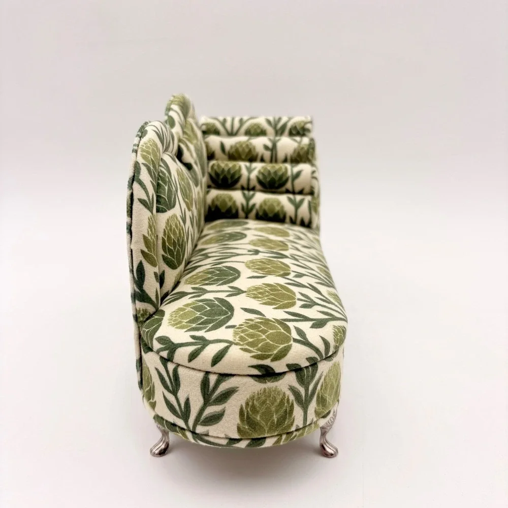 Vintage Style Mini Chaise Lounge Jewelry Box Green Artichoke Botanical Print